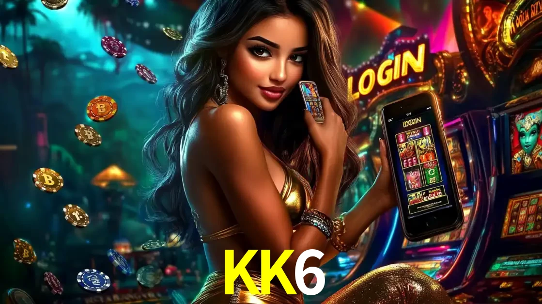 Mulher em um cenário de cassino temático de aventura, mostrando o app de caça-níqueis da KK6 no celular. Fichas de apostas flutuam ao redor.