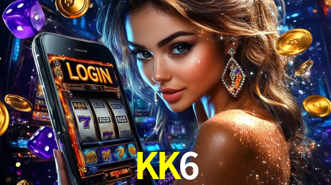 Mulher glamorosa segurando um smartphone com a tela de login para os jogos de caça-níqueis do cassino online KK6, com moedas de ouro e dados ao redor.