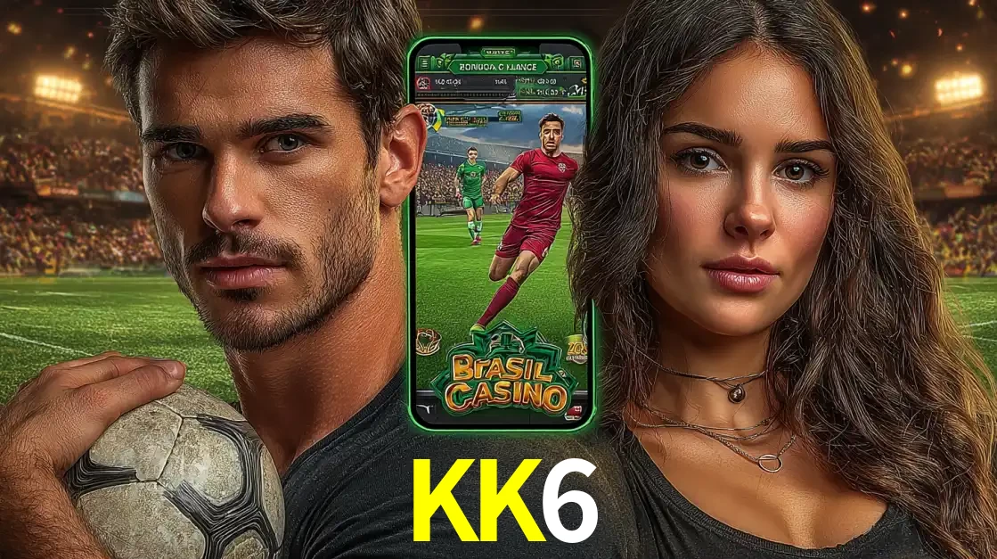 Homem segurando uma bola de futebol e uma mulher ao lado de um smartphone exibindo o jogo de apostas esportivas da KK6. Faça seu palpite no cassino online.